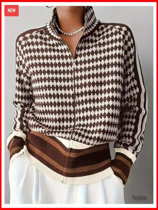 Long Sleeve Zip Up Cardigan Sweater Houndstooth Knit Loose Fit - Picture 2 of 3